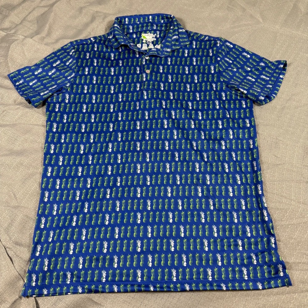 TailorByrd Polo Shirt Mens S Blue Pineapple Print Performance Golf